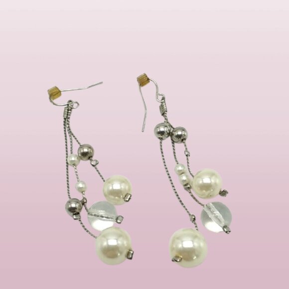 Faux Pearl Clear Bead Silver-tone Dangle Earrings - Picture 11 of 13